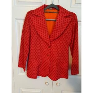 Vintage 70s Burnt Orange Diamond 
Print Pant Suit Blazer Wide Leg Pants 
2 piece